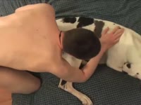 Screwing my cute white doggy in the missionary pose